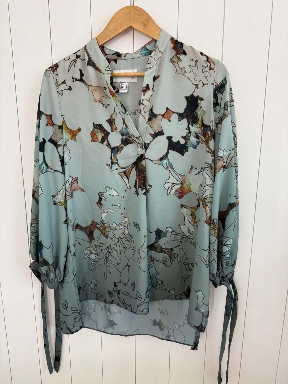 Joseph Ribkoff Blouse Size 8 Sage Green Abstract Floral Print Tie Sleeve